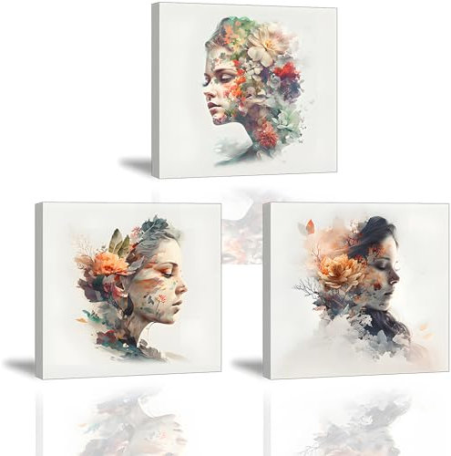 Piy Painting Elegante Frau Ölgemälde auf Leinwand Bilder Set, Bild auf Leinwand Frau trägt Blumen Moderne Wandkunst Kunstwerk mit Innenrahmen für Yoga Raum Badezimmer Büro 3er 30X30CM