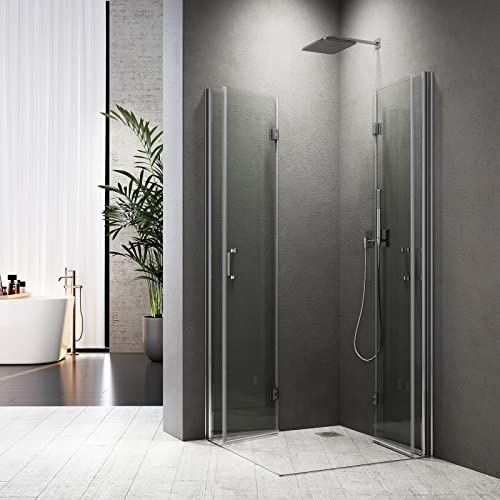 Duschkabine Eckeinstieg 100x100 cm Duschabtrennung 180º Doppel Drehfalttür Faltbar Dusche aus 6 mm ESG-Glas,Höhe 195cm,Sicher und Zuverlässig