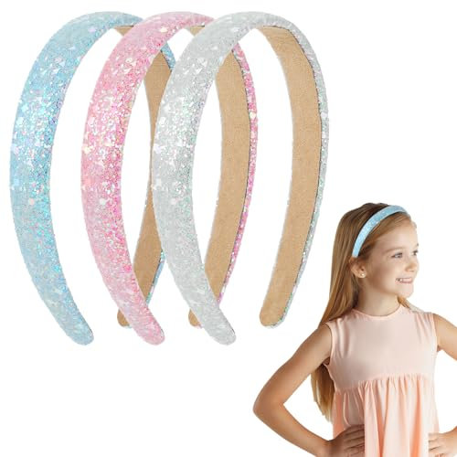 WLLHYF Glitzer Stirnbänder, 3 Stück Funkelnd Niedlich Rutschfest Breite Haarbänder Verstellbar Dehnbar Elastisch Dick Glitzernde Regenbogen Haarbänder Haarreifen für Kleine Mädchen Haar
