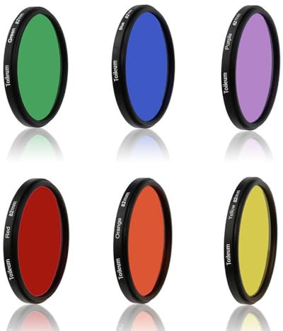 Toileum 82 mm 6-teiliges rundes Vollfarb-Objektivfilter-Set, 82 mm Farblinsenfilter, Rot, Orange, Gelb, Grün, Blau, Lila, 6 Filter-Set + 1 Objektiv-Reinigungstuch + 3 Objektiv-Reinigungswerkzeuge + 1