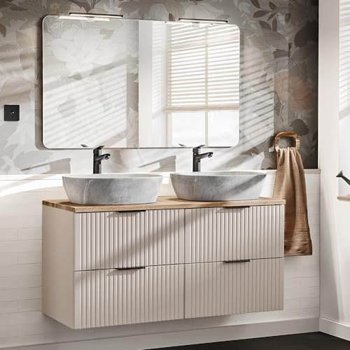 Lomadox Badezimmer Waschplatz Set mit 120cm Waschtisch, 2-teilig, in Kaschmir und Eiche, mit Keramik-Waschbecken, Spiegel, LED-Beleuchtung