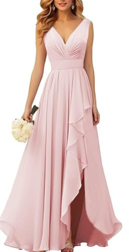 YIANN Robe de demoiselle d'honneur en mousseline de soie avec fente en mousseline de soie froncée pour femme, rose, 44