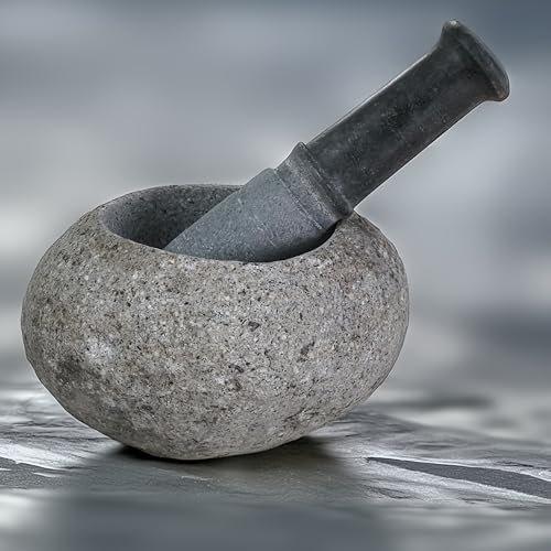 Mortier et pilon en pierre de rivière du pays des volcans - Moulin en pierre naturelle pour épices, épices, pâtes, pestos et guacamole - Choisissez votre propre mortier personnalisé (5)