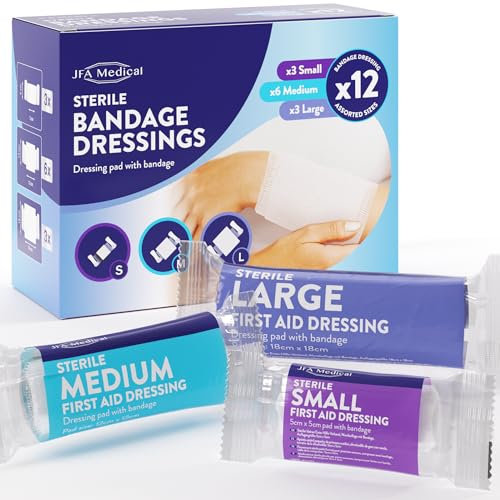 JFA Medical First Aid Sterile Bandage Dressings for Wounds Assorted Sizes, Small, Medium, Large - Pack of 12