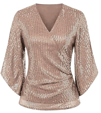 Pailletten Glitzer Tops Oberteil Kurzarm V-Ausschnitt T-Shirt Bluse Cap Ärmel Freizeit Party Festival Club