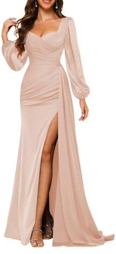 Abito da damigella d'onore in raso con maniche a lanterna e scollo a V plissettato maxi abito da sirena, Rosa pesca., 42