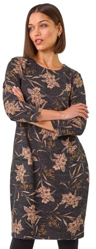 Roman Originals Women Shift Dress with Pockets - Ladies Autumn Winter Tunic 3/4 Length Sleeve Knee Length Smart Casual Office Work Cocktail Party Round Neckline Comfy Soft - Grey Beige - Size 20
