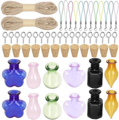 Swpeet Lot de 49 mini bouteilles en verre de 6 styles avec bouchons en liège, vis à œillet, ficelle et fermoirs mousquetons, mini bocaux en verre en liège pour loisirs créatifs, décoration de fête