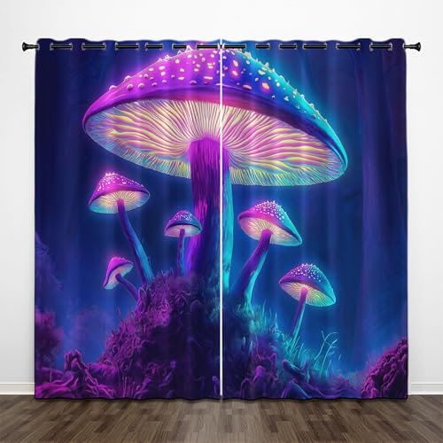 CEDNXOER Psychedelisch Pilze Blickdichte Vorhänge, 3D Moos Verdunklungsvorhänge 2er Set Gardinen Mit ösen Schlafzimmer Wohnzimmer Thermovorhang Kälteschutz H 214 x B 132 cm Schallschutz Vorhang