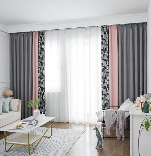 Lirzxin Vorhänge Verdunkelung mit Ösen 160 cm Lang, Gardinen Lichtdicht Grau Rosa Geometrisch Buchstaben Muster Vorhang für Schlafzimmer Wohnzimmer Kinderzimmer 96x160 cm(B×H), 2er Set