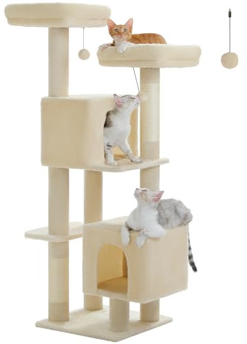 PAWZ Road Arbre a Chat Multi-Niveaux, Arbre à Chat avec 2 Condos, 2 Perchoirs & Poteaux Sisal, 133cm, Beige