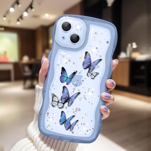 CASBST Compatible with iPhone 13 Case for Women Girls, Cute Curly Wave Frame with Bling Glitter Butterfly Pattern, Full Camera Protection, Slim TPU Aesthetic Clear Phone Case for iPhone 13, Blue