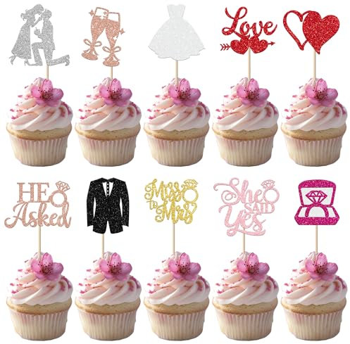 30 Pack He Asked She Said Yes Bride to Be Cupcake Toppers Rose Gold Glitter I Do Love Heart Ring Miss To Mrs Cupcake Picks Bridal Shower Cake Decorations for Wedding Engagement Party Supplies Colorful