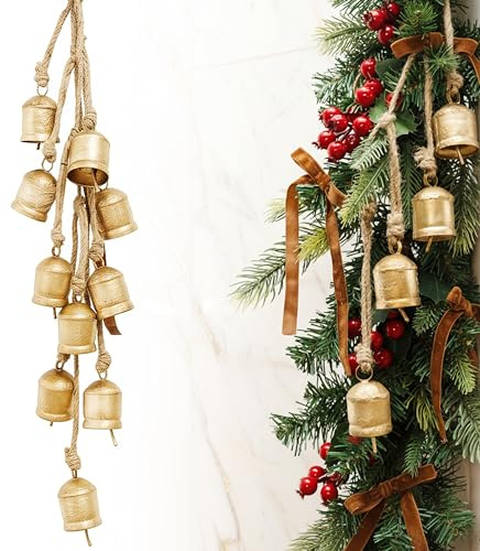 Rustic Golden Christmas Bell Ornaments and Velvet Bows – Beautiful Ornament Set of 10 Adds Elegance to Any Modern or Farmhouse Christmas Tree Decor – Giftable Vintage Bells w/a Festive Holiday Sound