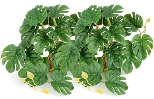 Filhome 2 Reptile Plants Terrarium Hideaway Amphibian Habitat Fake Monstera | Imitation Reptile Plant Decoration with Base Tank Accessories for Terrarium Ball Python Bearded Dragon Gecko Lizard Tortoise
