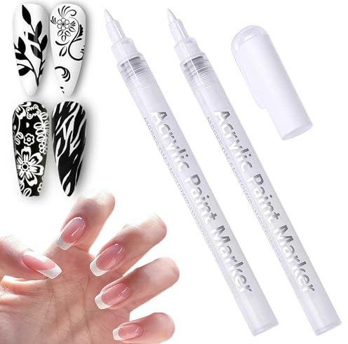 2PCS White Nail Polish Pen, Manicure Pens, Fine Tip Nail Art Pens for French Tip & Dot Line Decoration, Quick Dry Formula Nail Art Stamping Tool, Fast Drying for DIY Nail Design (White)
