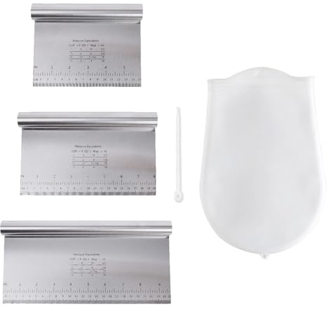 Lot de 3 spatules à pâte en acier inoxydable avec sac à pétrir en silicone, 15/20/25 cm, carte de pâte multi-usages en acier inoxydable, coupe-pâte avec échelle de mesure, sac de pétrissage avec trou