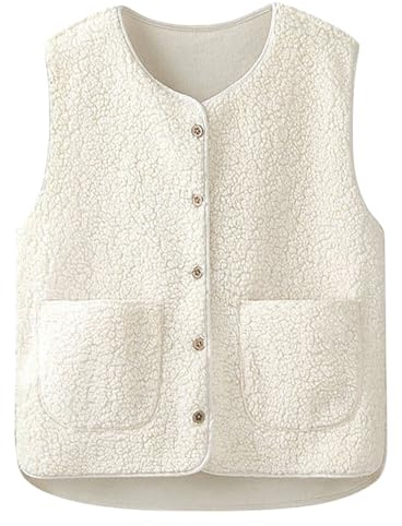 HUVZOR 1 gilet en polaire pour femme, gilet sans manches léger et chaud pour l'automne/hiver, veste en fourrure légère pour femme, couleur unie, col en V, avec poches, blanc cassé, taille L