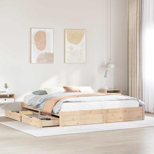 Iiaky Bett 200x200 mit Lattenrost aus Holz Massivholzbett mit Schubladen Stauraumbett Doppelbett für Schlafzimmer, Jugend & Gästezimmer-Natur-200 x 200 cm