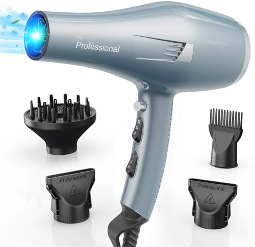Secador de pelo profesional iones, Hair Dryer iónico con 1 difusor, 2 boquillas de peinado, 3 temperaturas, aire frío y caliente, secado rápido para todo tipo de cabello (Azul Claro)