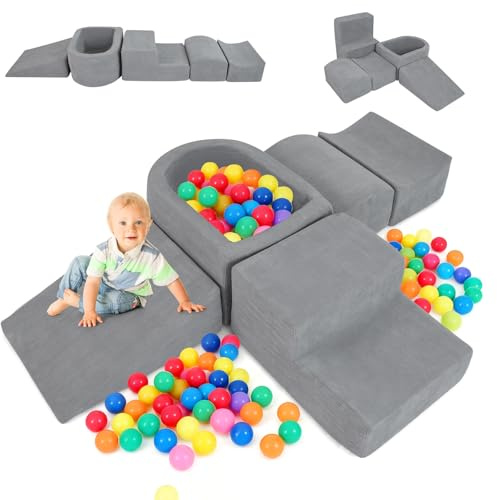COSTWAY 5PCS Parcours Motricité Bébé en Mousse avec Piscine à Balles, Module Motricité Bébé avec Housse en Velours Côtelé Lavable, Jouets Éducatifs pour Ramper Grimper pour 3 Ans+, sans Balles