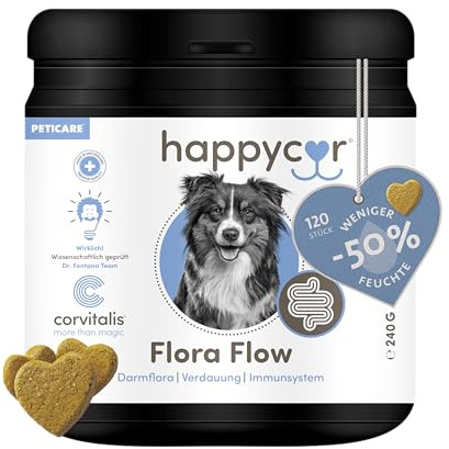 happycor® Flora Flow Immun & Darm-Formel für Hunde, 120 Funktionssnacks | Darmflora-Balance, gegen Blähungen, stabiler Kot, Ballaststoff-Komplex, perfekte Verdauung, starkes Immunsystem