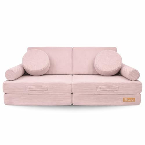 Flumi Modulares Kindersofa 10-teilig – Kindercouch mit waschbarem Bezug, personalisierbar mit Namen (Cord Rosa)