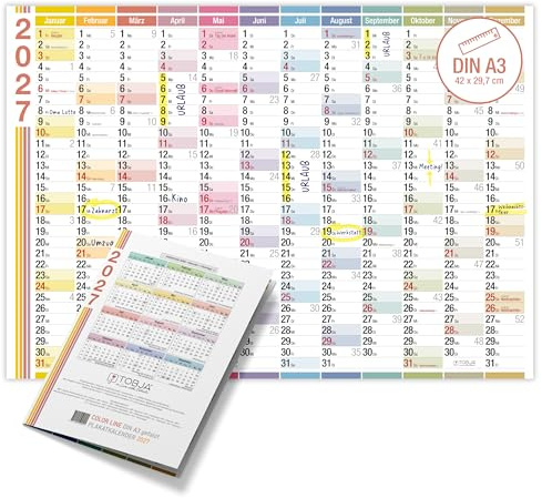 TOBJA® DIN A3 Wandkalender 2027 Color Line Querformat – Jahresplaner mit KW, große Felder zum Eintragen, FSC-Papier, Feiertage – Rückseite Jahresplanung | Jahreskalender 2027 A3