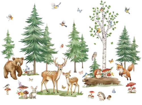 Sticker mural animaux de la forêt, motif d'arbre, avec pin, bouleau, ours, cerf, renard, décoration murale pour cuisine, salon, couloir, chambre à coucher, salle de bain