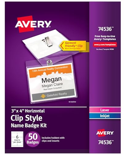 Avery Clip Namensschilder, bedrucken oder schreiben, 7,6 x 10,2 cm, 50 Einsätze und Ausweishalter mit Clips (74536)