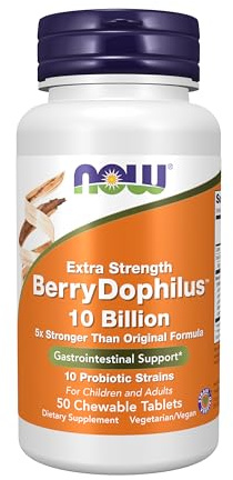 NOW Foods Supplements, BerryDophilus™, Developed for Adults & Children with 10 Probiotic Strains, Extra Strength,Strain Verified, 50 Chewables