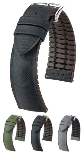 HIRSCH Performance L | Uhrenarmband Segeltuchoptik Leder/Kautschuk Schwarz/Braun 31015S, Stegbreite:18mm