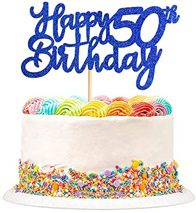 Blumomon 3 Pack Happy 50th Birthday Cake Topper Blue Glitter Happy 50 Cupcake Topper Cheers to 50 Fabulous Cake Decoration for 50th Birthday Party Decoration Supplies
