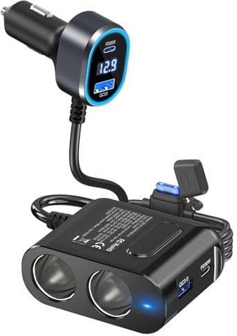 PD 65W Laptop KFZ Verteiler 200W: Auto Zigarettenanzünder Adapter 12V Dual USB C Ladegerät 2 Mehrfach Steckdose 12 Volt DC Stecker Splitter mit LED Voltmeter für iPhone Sitzheizung GPS Kamera Navi
