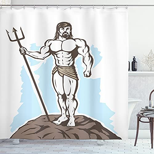 ABAKUHAUS Neptun Duschvorhang, Greek Myth Mann auf einem Felsen, Stoffliches Gewebe Badezimmerdekorationsset mit Haken, 175 x 220 cm, Taupe Himmelblau Weiß