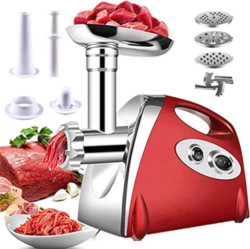 BenRich Electric Meat Grinder Mincer with Kibbe Attachment - Powerful Copper Motor Max 2800W, 3 Stainless Steel Grinding Plates (Fine/Medium/Coarse), Sausage Maker & Mincer for Home Kitchen Use - Red
