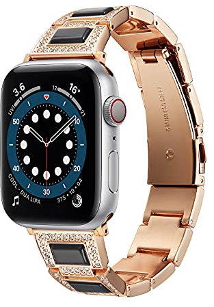GOOYIN Cinturino per Apple Watch 41mm 40mm 38mm Cinturino Donna Diamante Strass Gioielli Cristallo Alta qualità Unico Metallo Cinturini di Ricambio per iWatch Series 7 6 5 4 3 2 1 SE, Oro Rosa/Nero