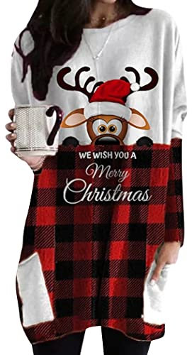 OMZIN Weihnachten Shirts für Frauen Nette Rentier Pullover Grafik Langarm Raglan Tees Casual Xmas Crewneck Sweatshirts Karierter AFFE M
