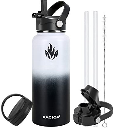 XACIOA Gourde Isotherme 1L bouteille isotherme en acier inoxydable avec couvercle en paille, anti-fuite, tasse isotherme de voyage à double paroi sans BPA, garde au chaud et froid