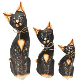 SusggO Set mit 3 Tierfiguren aus Holz, Glückskatze, Glückseule, Schildkröte, Fisch - Dekoration, handgeschnitzt, Kunsthandwerk, Möbeldekoration (3 Katzen, Braun, Punkte, Mod 1 GMPT1)