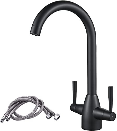 Black Kitchen Tap, NewEast Dual Lever Swivel Spout Monobloc Kitchen Sink Mixer Taps