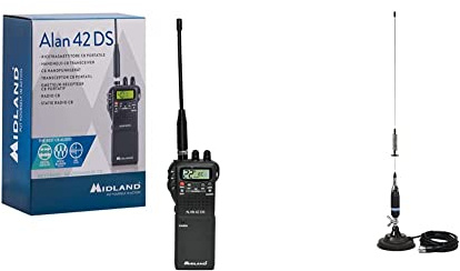 Midland Alan 42 DS CB Radio Ricetrasmittente Portatile AM/FM Multi Banda per Tutti i Paesi EU, Ricetrasmettitore & CB Antenna PNI S75 a vite con attacco a farfalla, base magnetica 125 mm, grigio