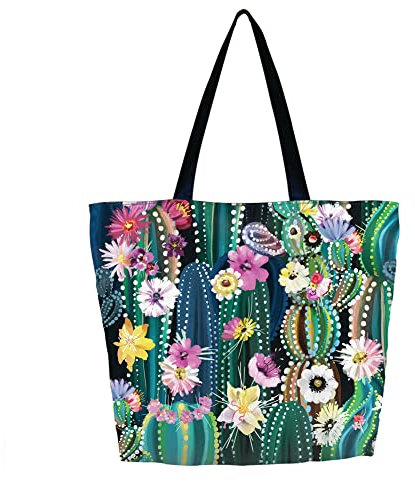 AOKSUNOVA Stofftasche Strandtasche mit Reißverschluss Stoffbeutel Bedruck Handtasche Tragetasche Groß Kaktus