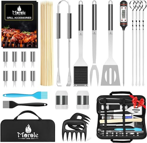 Morole 25 Piece Ustensiles Barbecue, Stainless Steel Kit Accessoires Barbecue, Barbecue Tongs, Spatulas, pour Camping en Plein Air et Barbecues, Idéal Accessoire Barbecue, Cadeau de Camping