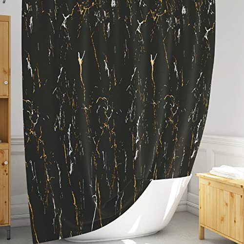 Rideau de baignoire Marbre noir en tissu étanche 180x200 | Ensemble de rideau douche avec Crochets pour une salle de bain chic&moderne | Rideau de douche noir lavable 100% polyester de joli motif déco