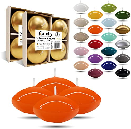 CANDLY HANDMADE© 4x Groß Schwimmkerzen Premium Ø 70mm | Geburstag & Namenstag, Hochzeit, Hochzeitsempfang, Valentinstag, Ostern, Weihnachten, Elegante Haus Dekoration, Candles (Orange)