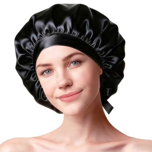 Capaneus Bonnet Satin Soie Cheveux Nuit pour Femme Homme - 100% Soie de Mûrier,Respirant avec Bandeau Ajustable,Bonnet en Satin de Nuit en Soie,pour Cheveux Bouclés et Lisses,Noir