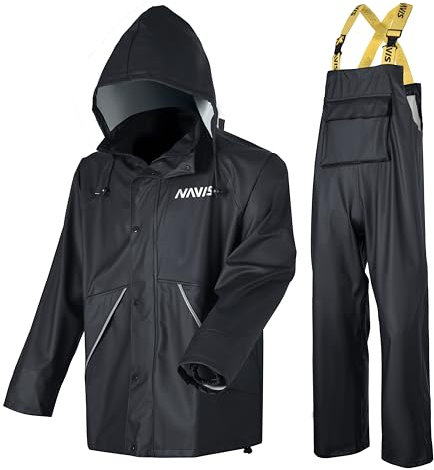 Navis Marine Herren Regenanzug 3-teilig-Wasserdichte PU Jacke und Hose mit Kapuze - Robuste Latzhose mit reflektierenden Streifen JourneyMan WS-005(Tiefschwarz,S)