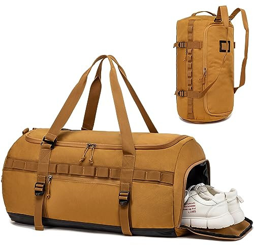 Lyweem Sporttasche Herren Reisetasche 60L Groß Sporttaschen Rucksack mit Schuhfach Wasserdicht Trainingstasche für Damen Taktisch Fitness Gym Tasche Duffle Bag für Sport, Reisen, Braun