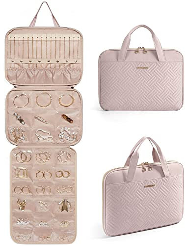 bagsmart Schmuck-Reise-Organizer-Etui, Hängerolle, Schmucktasche für Reisen mit Taschen, großes Fassungsvermögen, Schmuckrolle für Ringe, Rosa